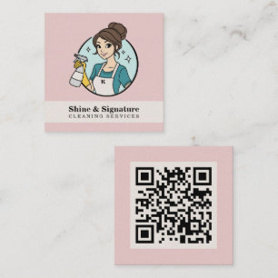 Minimalistische QR Code Roze Schoonmaakdiensten Vierkante Visitekaartje