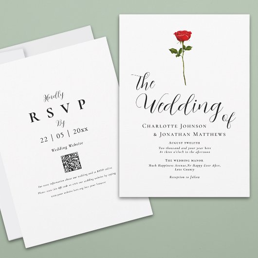 Minimalistische Red Rose Elegant Script QR-code Kaart