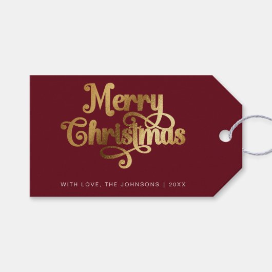 Minimalistische Retro Chic Rood Goud Vrolijk Kerst Cadeaulabel (Voorkant (Horizontaal))