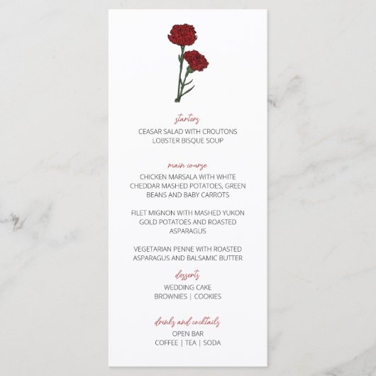 Minimalistische rode anjers bruiloft menu (Voorkant)