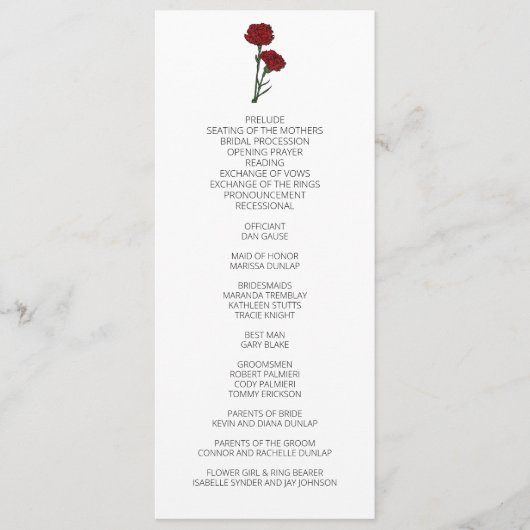 Minimalistische Rode Anjers Trouwprogramma Programma (Voorkant)