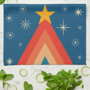 Minimalistische rode & blauwe retro groovy kerstbo theedoek