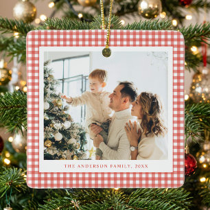 Minimalistische rode geruite foto keramisch ornament