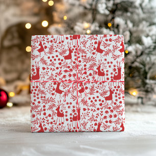 Minimalistische Rode Rendier-, Blad- Kerstpatroon Cadeaupapier