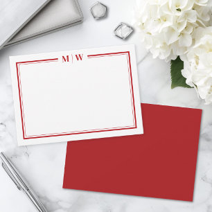 Minimalistische rode tweegrens monogram notitiekaartje