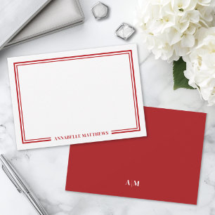Minimalistische rode tweevoudige rand monogram notitiekaartje