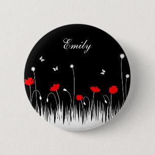 Minimalistische Rode Zwarte en Witte Klaprozen Wei Ronde Button 5,7 Cm