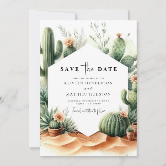 Minimalistische romantische cactus bruiloft save the date (Voorkant)