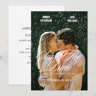 Minimalistische romantische regenachtige trouwfoto save the date