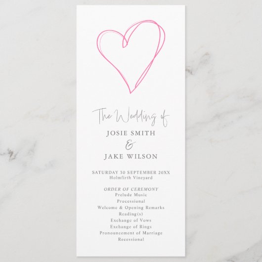Minimalistische Romantische Roze Hart huwelijkscer Programma (Voorkant)