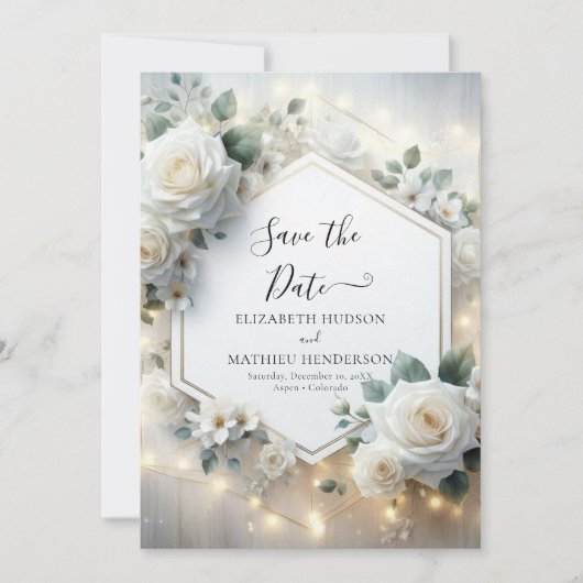 Minimalistische romantische witte rozen bruiloft save the date (Voorkant)