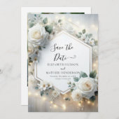 Minimalistische romantische witte rozen bruiloft save the date (Voorkant / Achterkant)