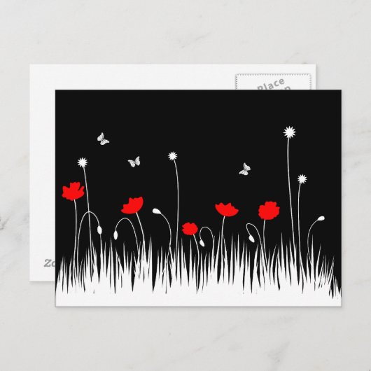 Minimalistische rood zwart en wit klaprozen weide briefkaart (Voorkant / Achterkant)