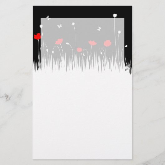 Minimalistische rood zwart en wit klaprozen weide  briefpapier (Voorkant)