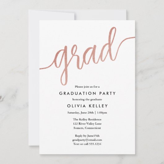 Minimalistische Roos Gold Script Graduparty Kaart (Voorkant)