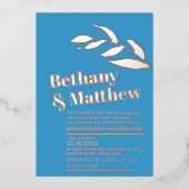 Minimalistische roos gouden folie bladeren op blau folie uitnodiging (Voorkant)