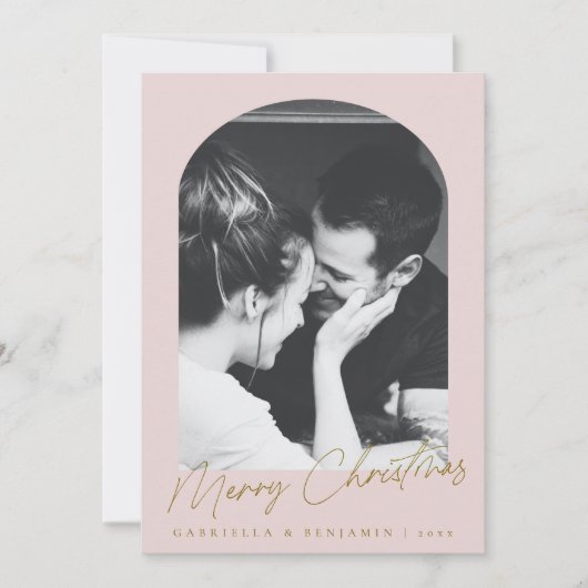 Minimalistische roze boog twee foto kerstbrief feestdagenkaart (Voorkant)