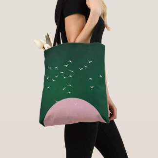 Minimalistische Roze Maan met Vogels Moderne Kunst Draagtas