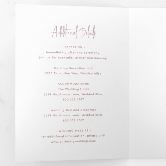 Minimalistische roze moderne bruiloft drieluik uitnodiging (Binnenzijde eerst)