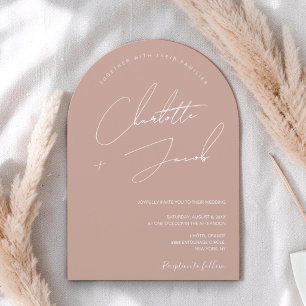 Minimalistische Roze Moderne Script Boog Bruiloft Kaart