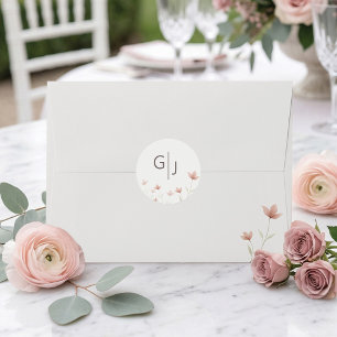 Minimalistische Roze Roze Bloemige Monogram Trouwd Ronde Sticker