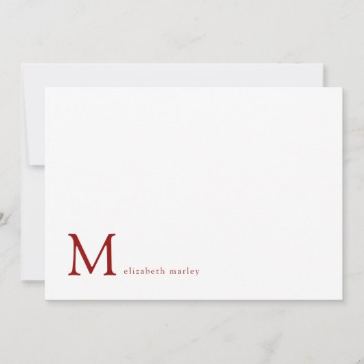 Minimalistische Ruby Red Monogram Correspondentie Notitiekaartje (Voorkant)