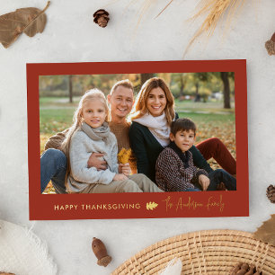 Minimalistische Rust Rood en Goud Thanksgiving 2 F Folie Feestdagenkaart