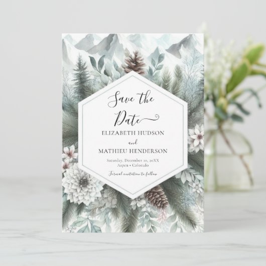 Minimalistische rustieke berg bruiloft save the date (Staand voorkant)