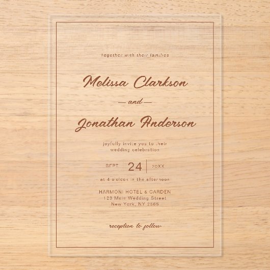 Minimalistische rustieke Terracotta Script Border  Acryl Uitnodigingen (Voorkant)