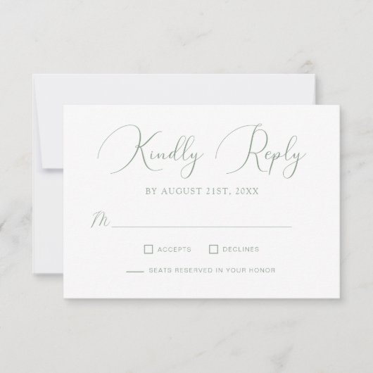 Minimalistische Sage Green Calligraphy Script Wedd RSVP Kaartje (Voorkant)