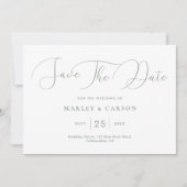 Minimalistische Sage Green Calligraphy Script Wedd Save The Date (Voorkant)