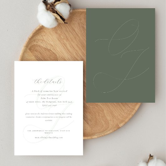 Minimalistische Sage Green Initialen bruiloft Informatiekaartje