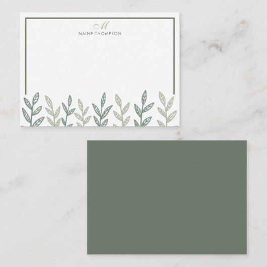 Minimalistische Sage Green Leaves Script Monogram Notitiekaartje (Voorkant / Achterkant)