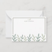 Minimalistische Sage Green Leaves Script Monogram Notitiekaartje (Voorkant)