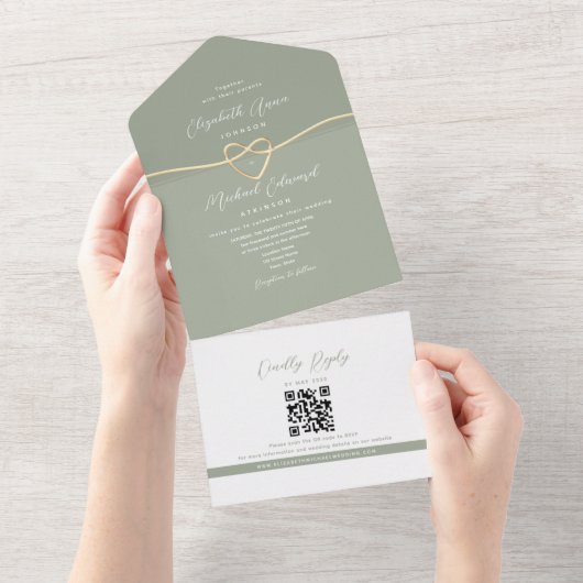 Minimalistische Sage Green QR Code Wedding All In One Uitnodiging (Afscheurbaar)