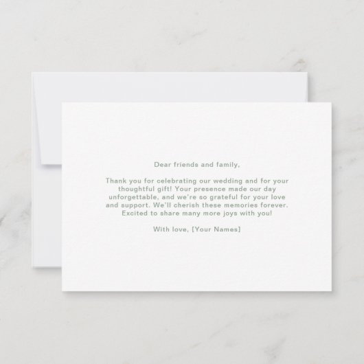 Minimalistische Sage Green Script Custom Wedding Bedankkaart (Achterkant)