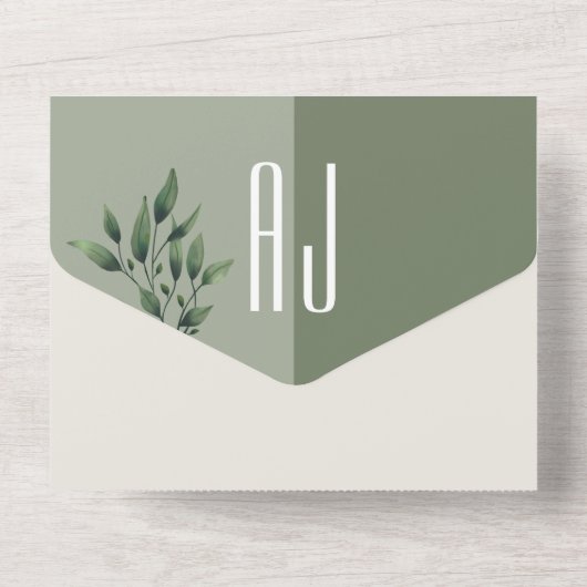 Minimalistische Sage Green Wedding All In One Uitnodiging (Achterkant)