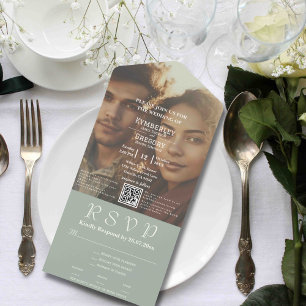 Minimalistische Sage Groene Ivoor Cream Foto QR Co All In One Uitnodiging