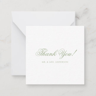 Minimalistische saliegroene script bruiloft bedank notitiekaartje