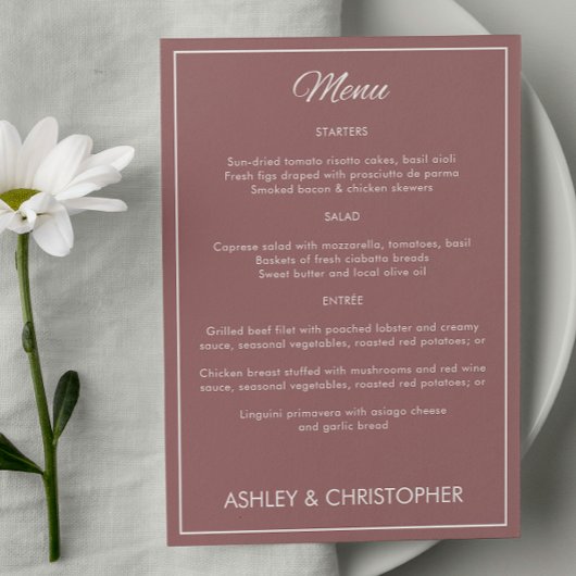 Minimalistische Script Dusty Roos bruiloft recepti Menu