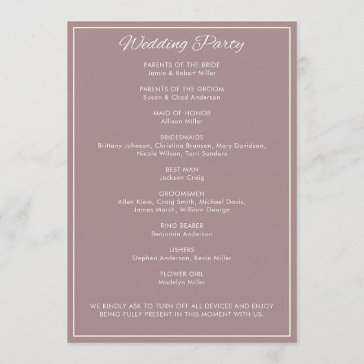 Minimalistische Script Dusty Roos Wedding Programma (Achterkant)