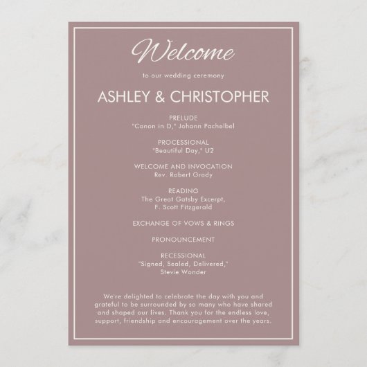 Minimalistische Script Dusty Roos Wedding Programma (Voorkant)