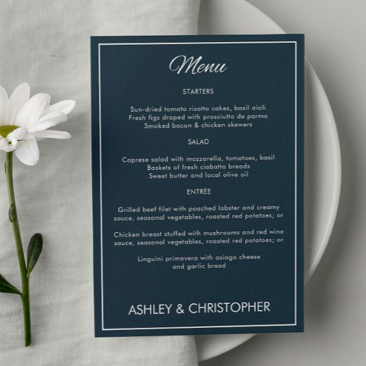 Minimalistische Script Gunmetal Blue bruiloft rece Menu