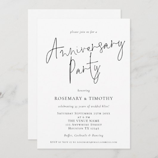 Minimalistische script huwelijksjubileumfeestje kaart (Voorkant / Achterkant)