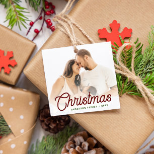 Minimalistische Script Kerst Familie Foto Gestreep Bedankjes Labels