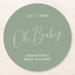 Minimalistische script salie groene babyshowerdag ronde kartonnen onderzetter