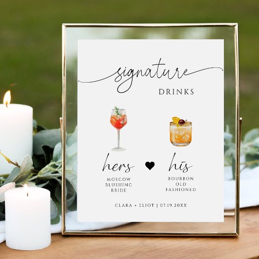 Minimalistische Script Signature Drink Wedding Bar Reclamebord Met Voetstuk