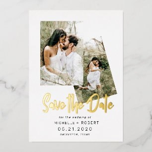 minimalistische script twee foto save the date folie uitnodiging