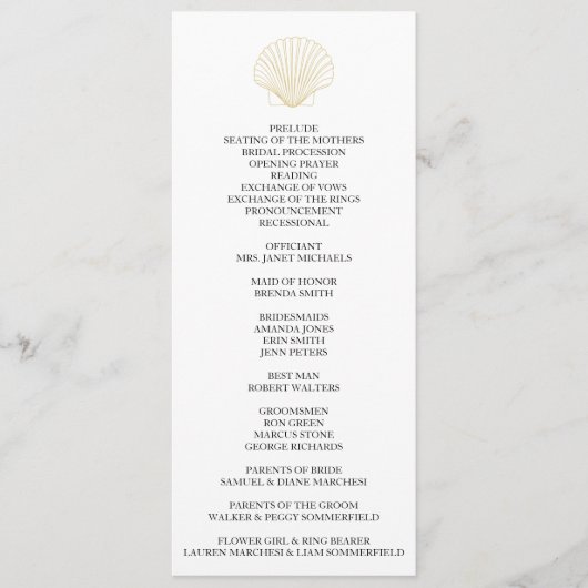 Minimalistische Seashell bruiloft Programma (Voorkant)