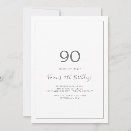 Minimalistische Silver 90th Birthday Party Invitat Kaart (Voorkant)